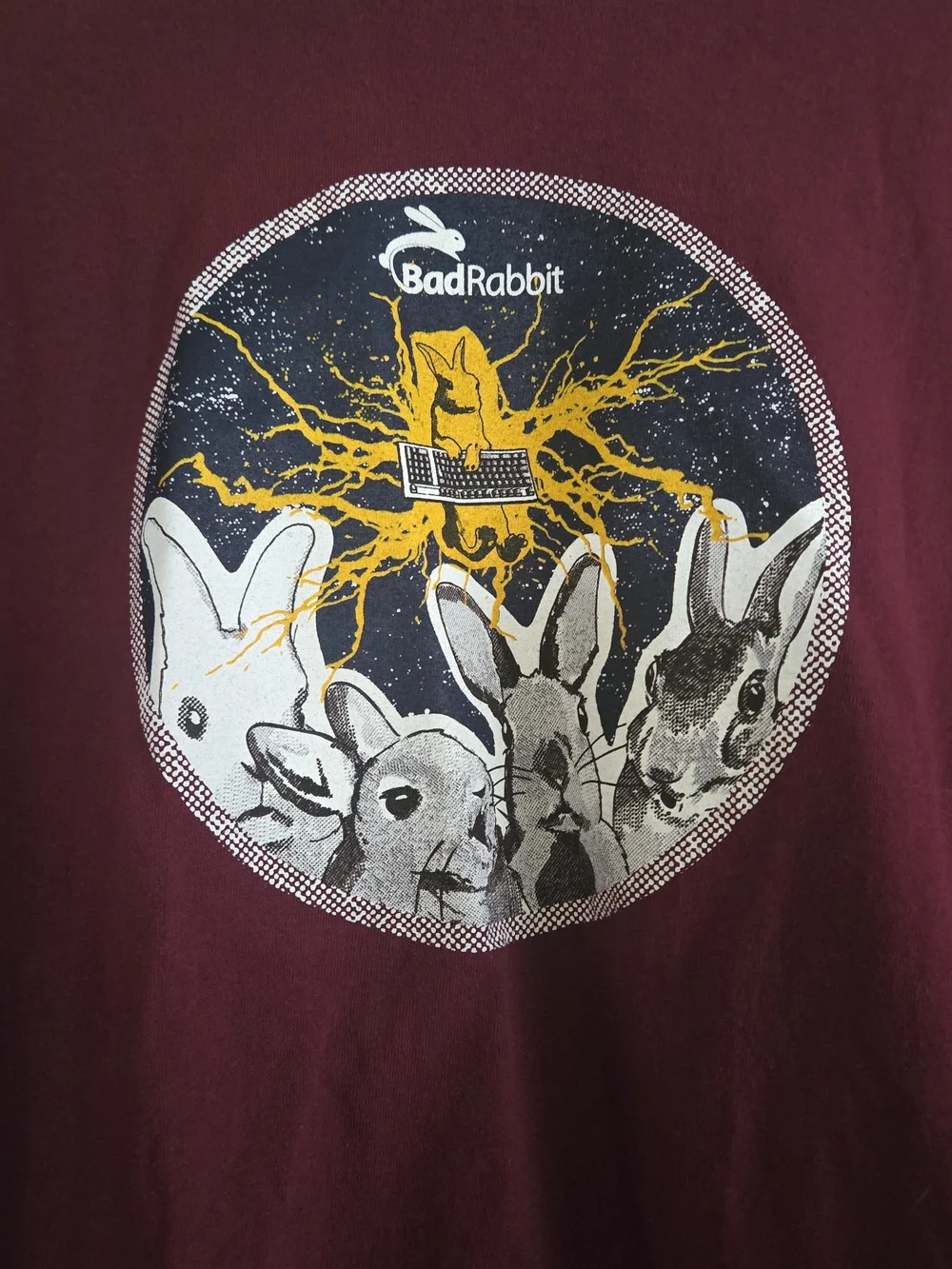BadRabbit Men’s Burgundy Graphic Tee - Rabbit Playing Keyboard LARGE